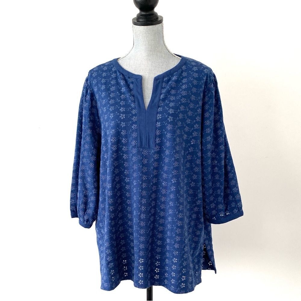 Rare J. Jill Deep Indigo Blue Eyelet Tunic XL Balloon 3/4 Sleeves Coastal Boho - Picture 2 of 10
